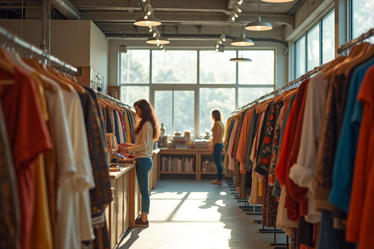 Intérieur lumineux d'un magasin vintage moderne avec vêtements colorés