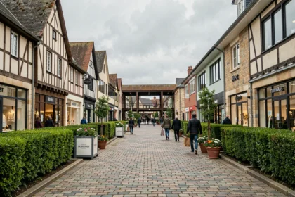 Vue d'une rue commerçante d'un village outlet normand avec des façades à colombages et des acheteurs portant des sacs de marque