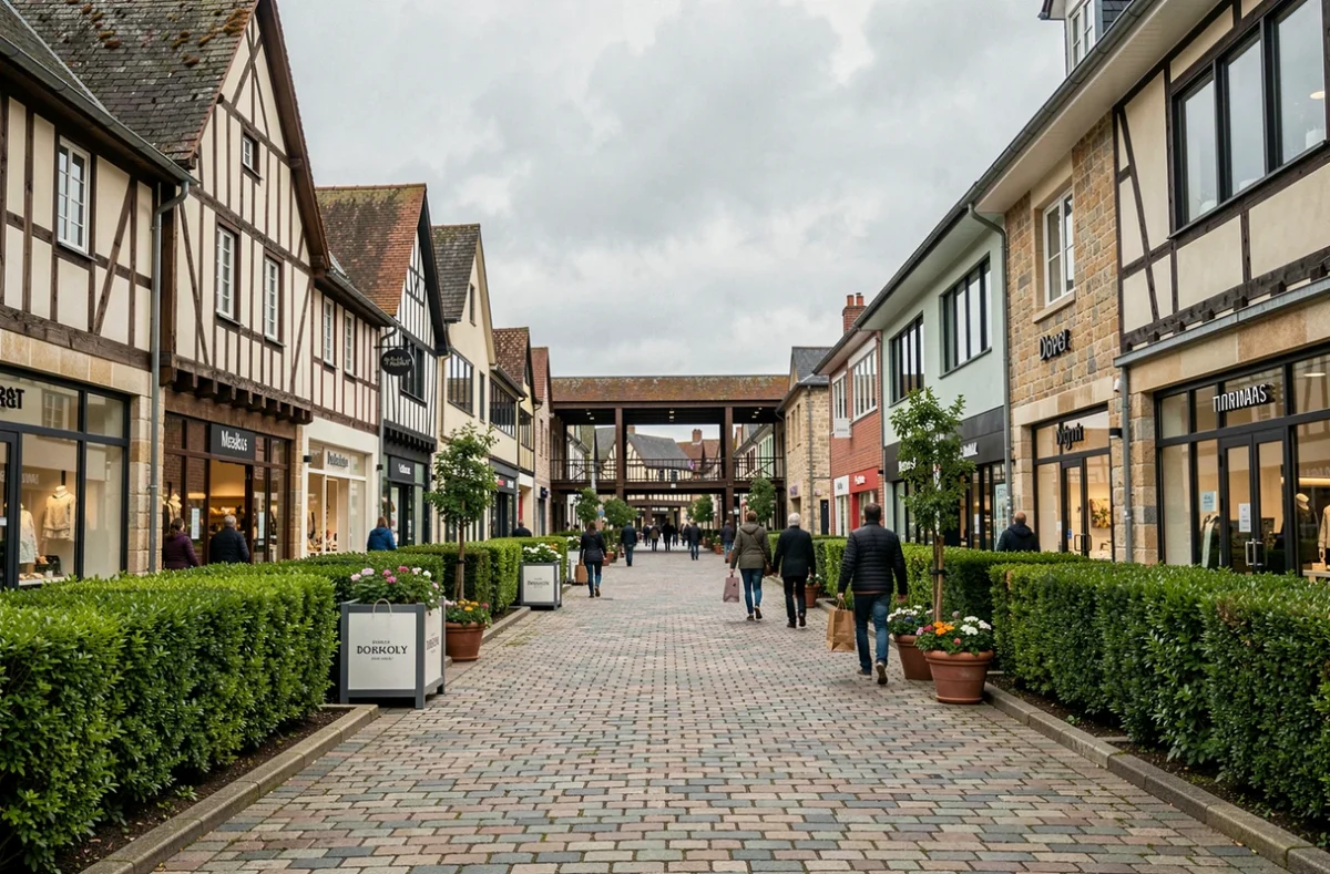Vue d'une rue commerçante d'un village outlet normand avec des façades à colombages et des acheteurs portant des sacs de marque
