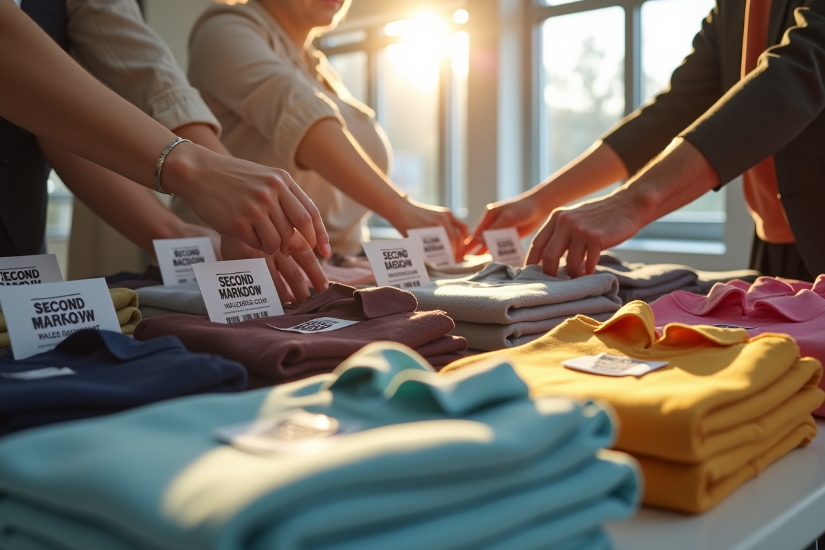 Mains atteignant des vêtements en promotion dans un magasin moderne