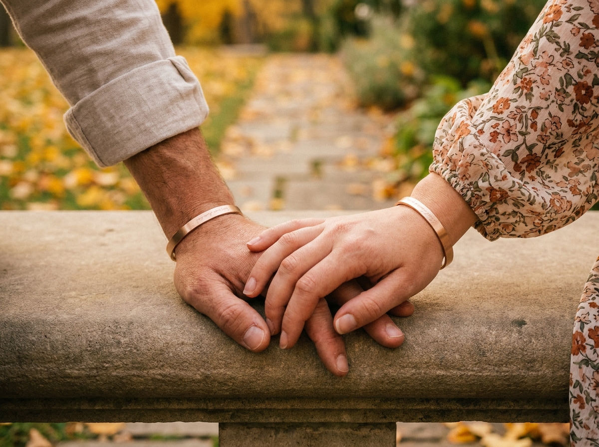 Mains enlacées de deux partenaires portant des bracelets assortis gravés, symbole d'une histoire de couple unique