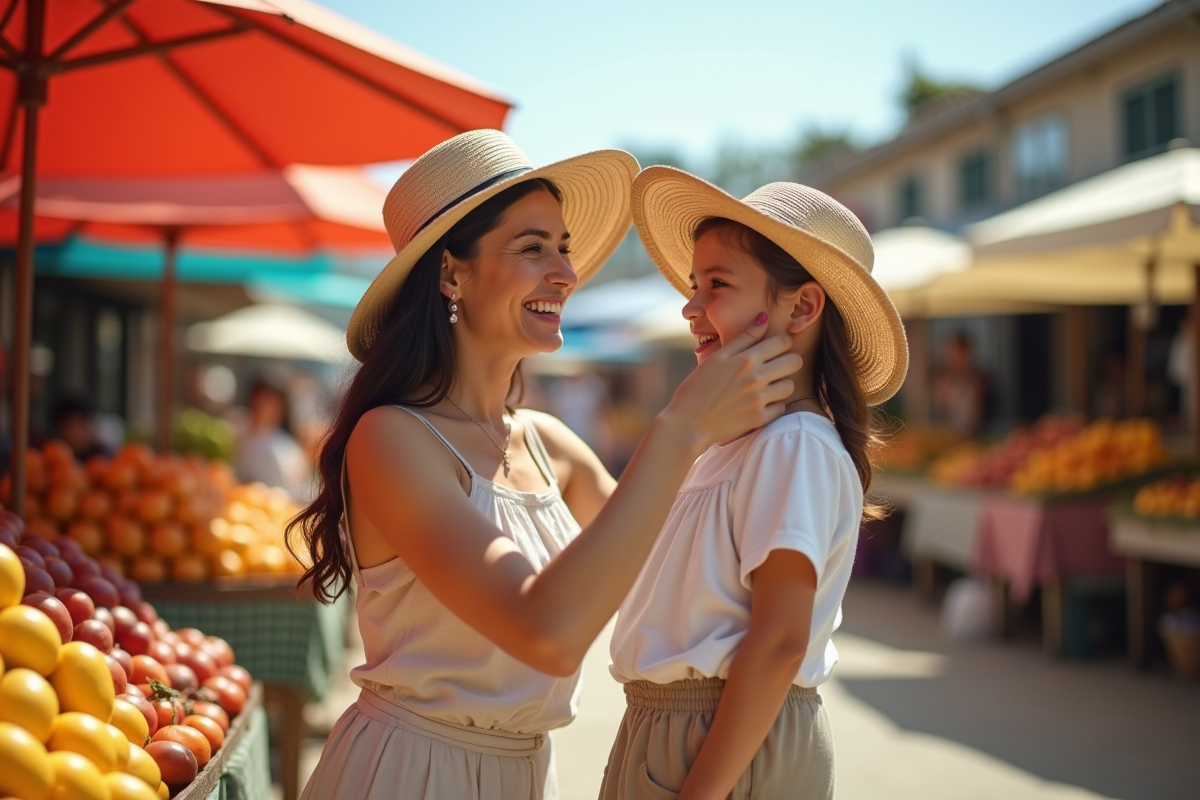 Une mère ajuste le chapeau de son enfant au marché en plein air
