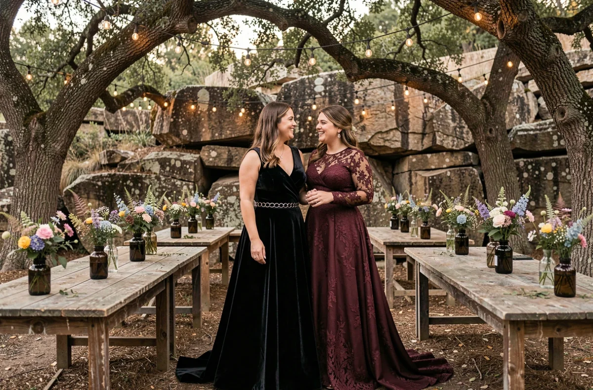 Deux mariées en robes rock noire et bordeaux lors d'un mariage thème rock en extérieur avec décoration rustique