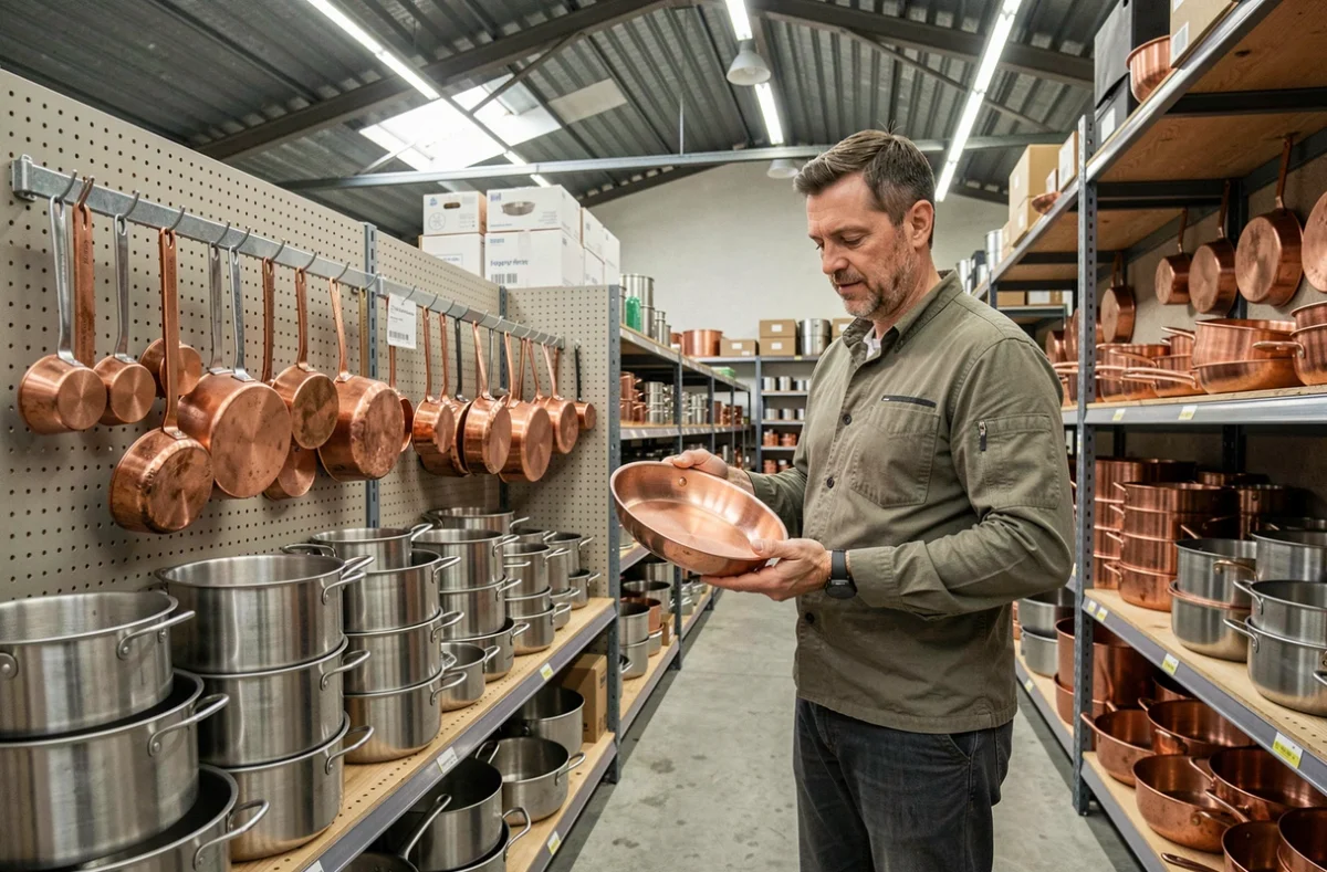 Intérieur du magasin d'usine Matfer Bourgeat à Longny-au-Perche avec des ustensiles de cuisine professionnels en inox et cuivre