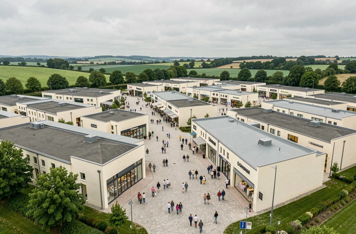 Vue grand angle du centre outlet McArthurGlen Paris-Giverny avec ses allées piétonnes et ses boutiques de marque en Normandie