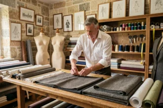 Un maître tailleur mesure du tissu dans un atelier de couture traditionnel en Centre-Val de Loire