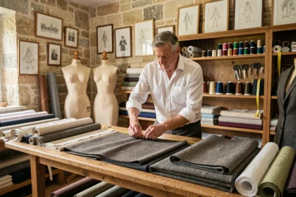 Un maître tailleur mesure du tissu dans un atelier de couture traditionnel en Centre-Val de Loire