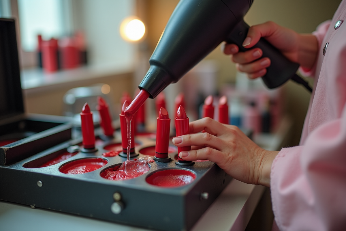 Femme fondant un rouge à lèvres dans une boîte à outils
