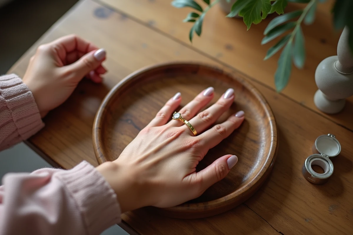 Main de femme posée sur un plateau de bijoutier en bois avec une bague dorée pour mesurer la taille du doigt