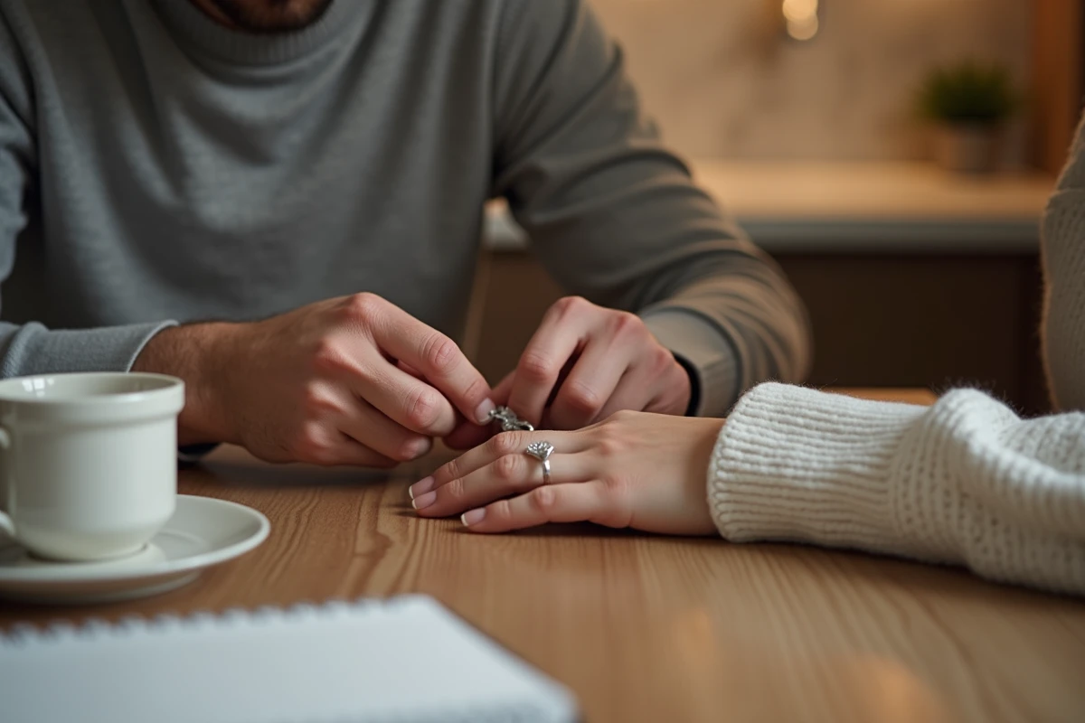 Couple mesurant la taille du doigt avec un gabarit de bague en plastique à la maison