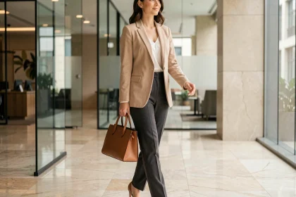Femme professionnelle en blazer beige portant un sac à main structuré en cuir cognac à poignée supérieure dans un lobby d'entreprise moderne en 2026