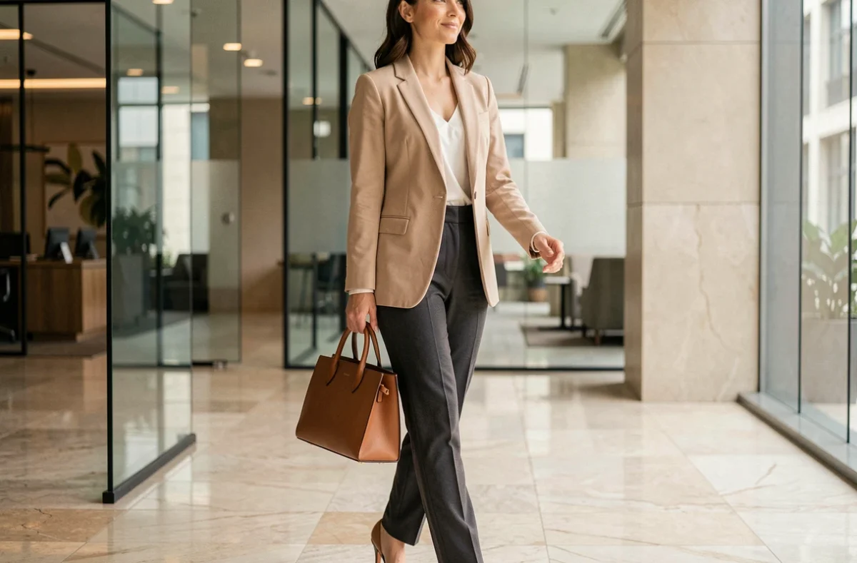 Femme professionnelle en blazer beige portant un sac à main structuré en cuir cognac à poignée supérieure dans un lobby d'entreprise moderne en 2026