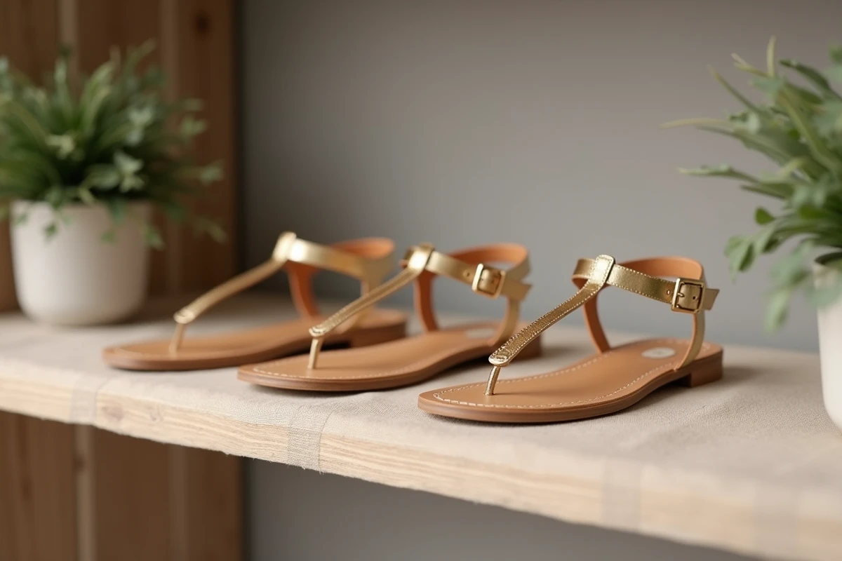 Trois modèles de sandales dorées à petit talon pour mariage civil exposés sur une étagère en bois dans une boutique minimaliste