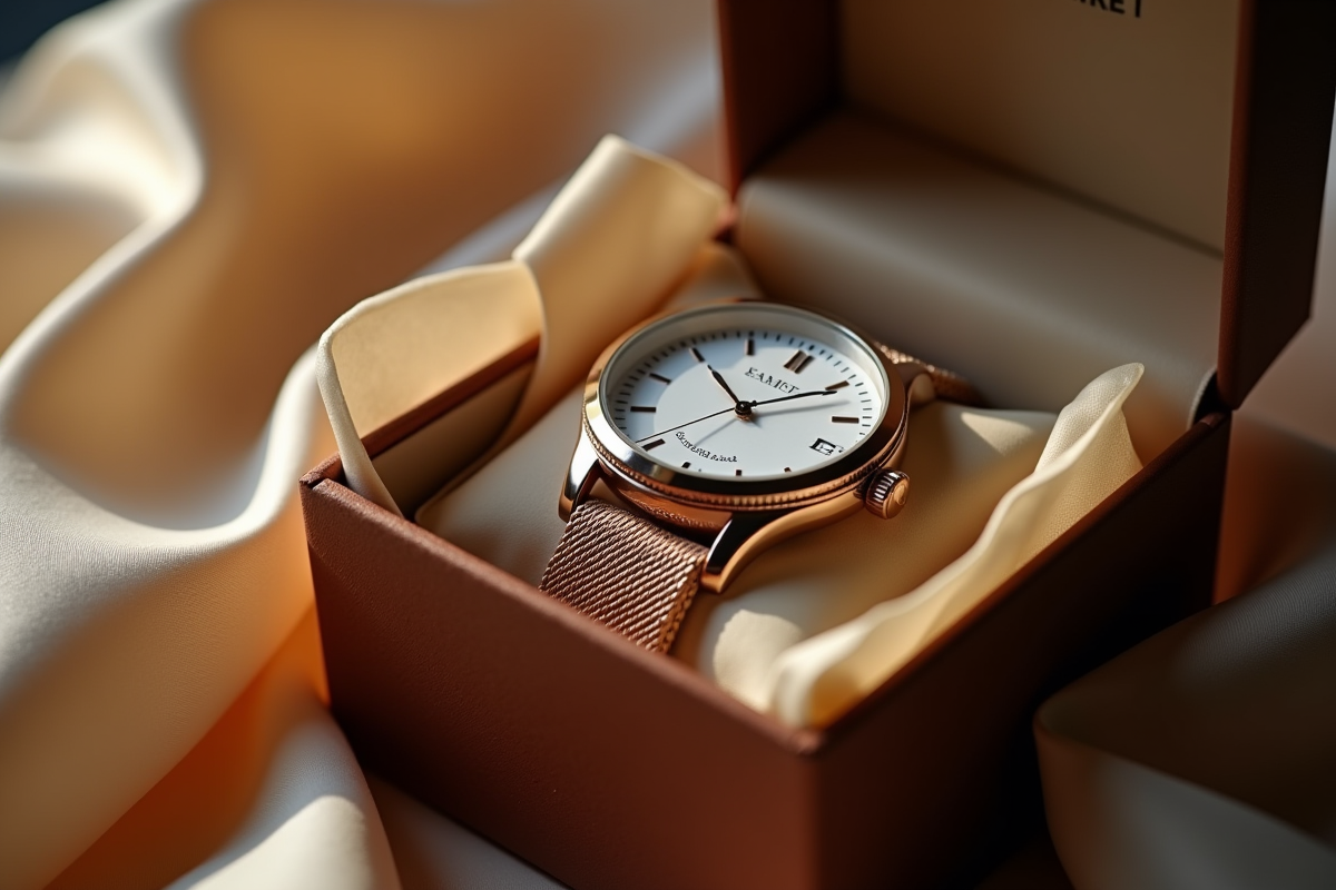 Montre élégante dans une boîte cadeau ouverte avec lumière naturelle