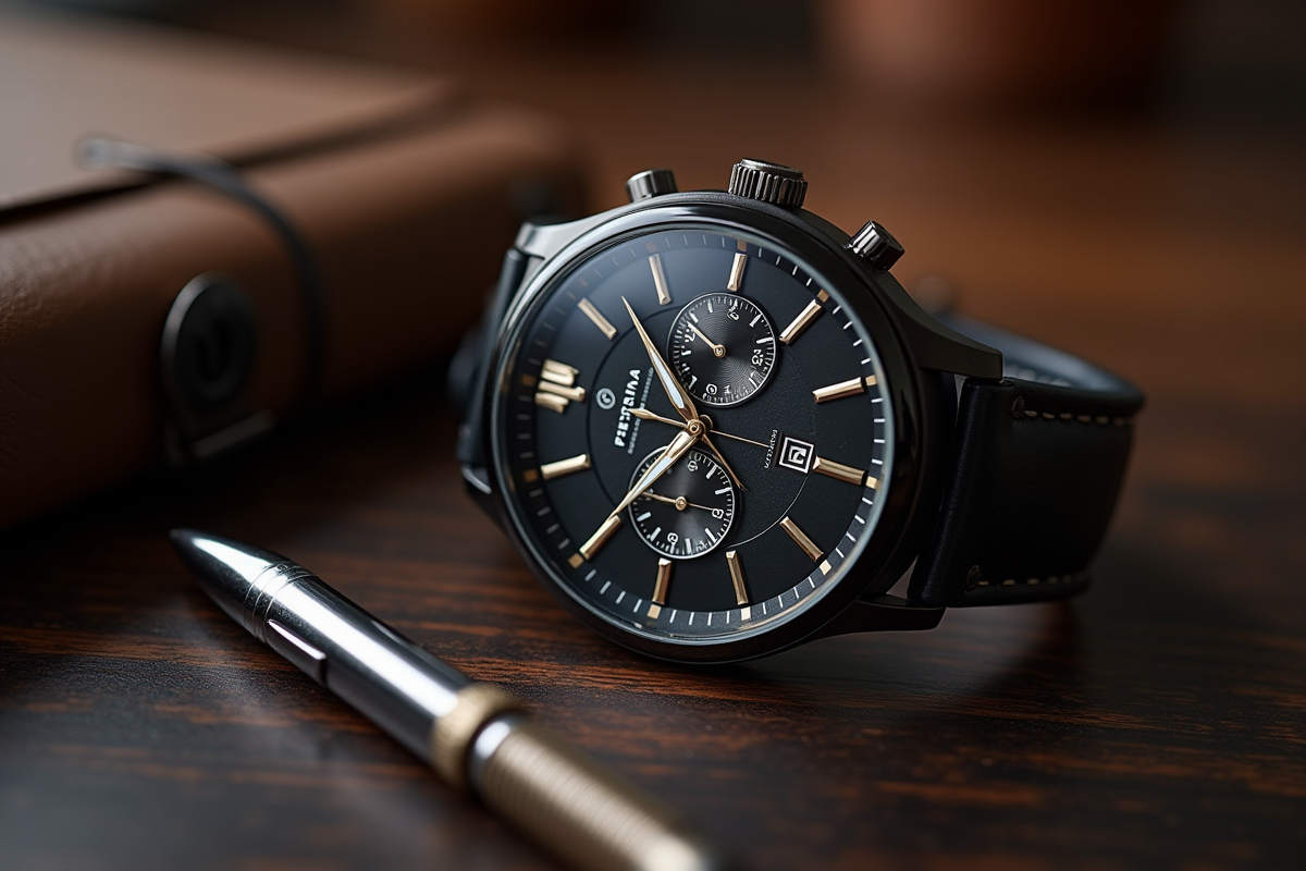Montre Festina élégante sur un bureau en bois sombre