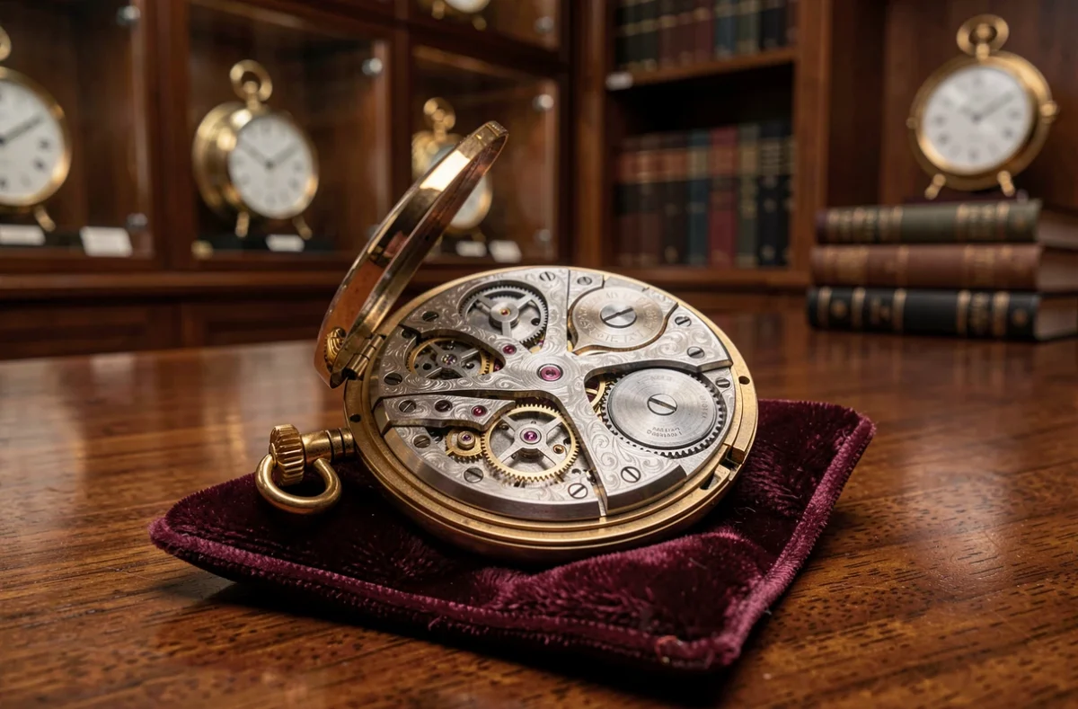 Montre de poche suisse squelettisée de luxe ouverte sur un coussin en velours bordeaux dans un salon d'horlogerie