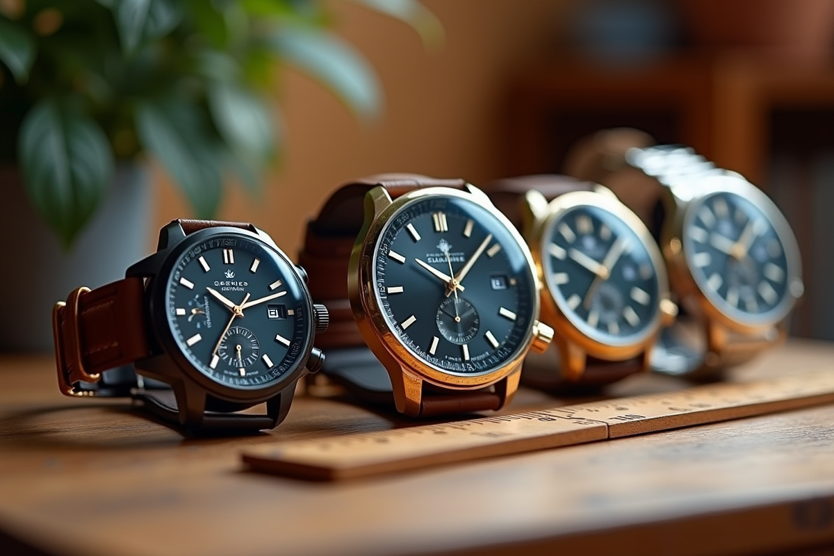 Montres pour hommes et femmes exposées sur une surface en bois