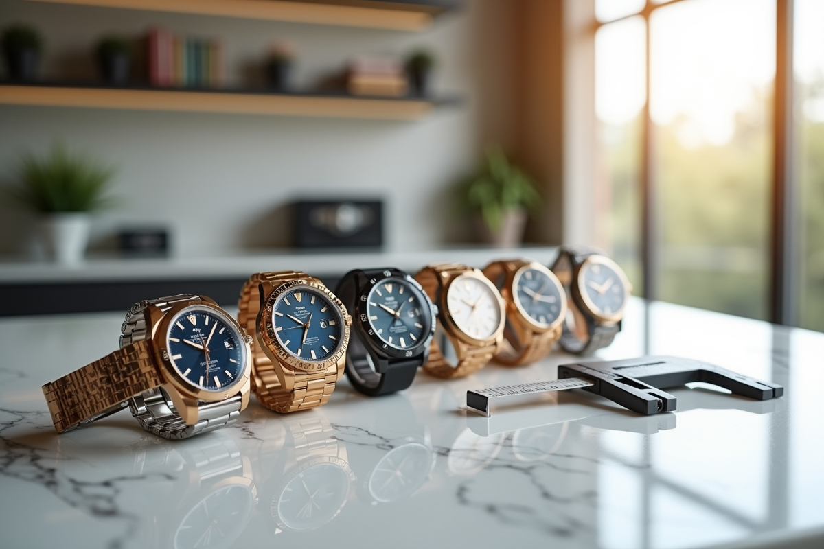 Montres sur un comptoir en marbre avec outils de mesure