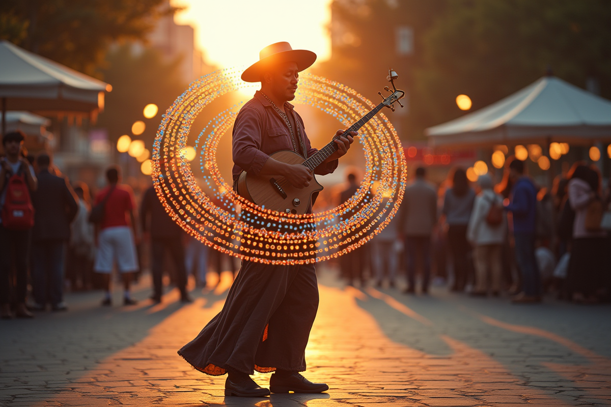 Musicien jouant avec bolas décorés et ondes sonores vives