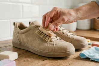 Mains de femme nettoyant des baskets en daim beige avec une brosse à suède sur une table en bois