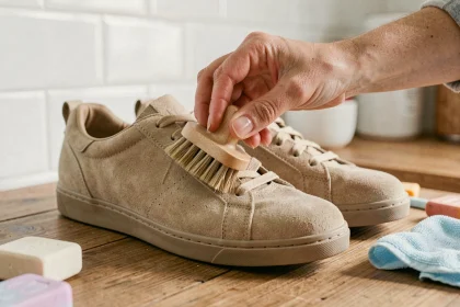 Mains de femme nettoyant des baskets en daim beige avec une brosse à suède sur une table en bois
