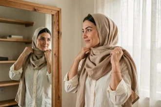 Femme qui noue un foulard cheche beige devant un miroir en bois dans une chambre minimaliste