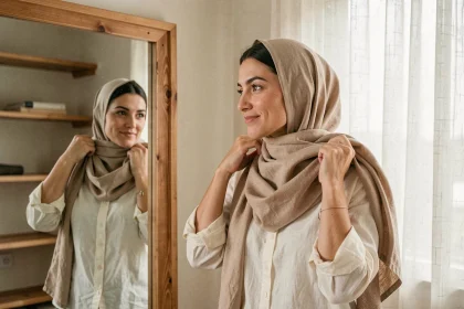 Femme qui noue un foulard cheche beige devant un miroir en bois dans une chambre minimaliste