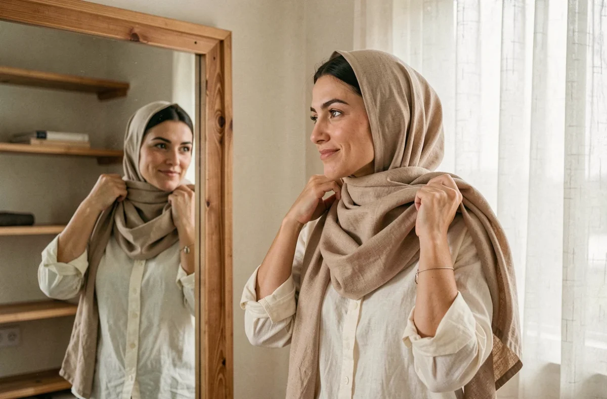 Femme qui noue un foulard cheche beige devant un miroir en bois dans une chambre minimaliste