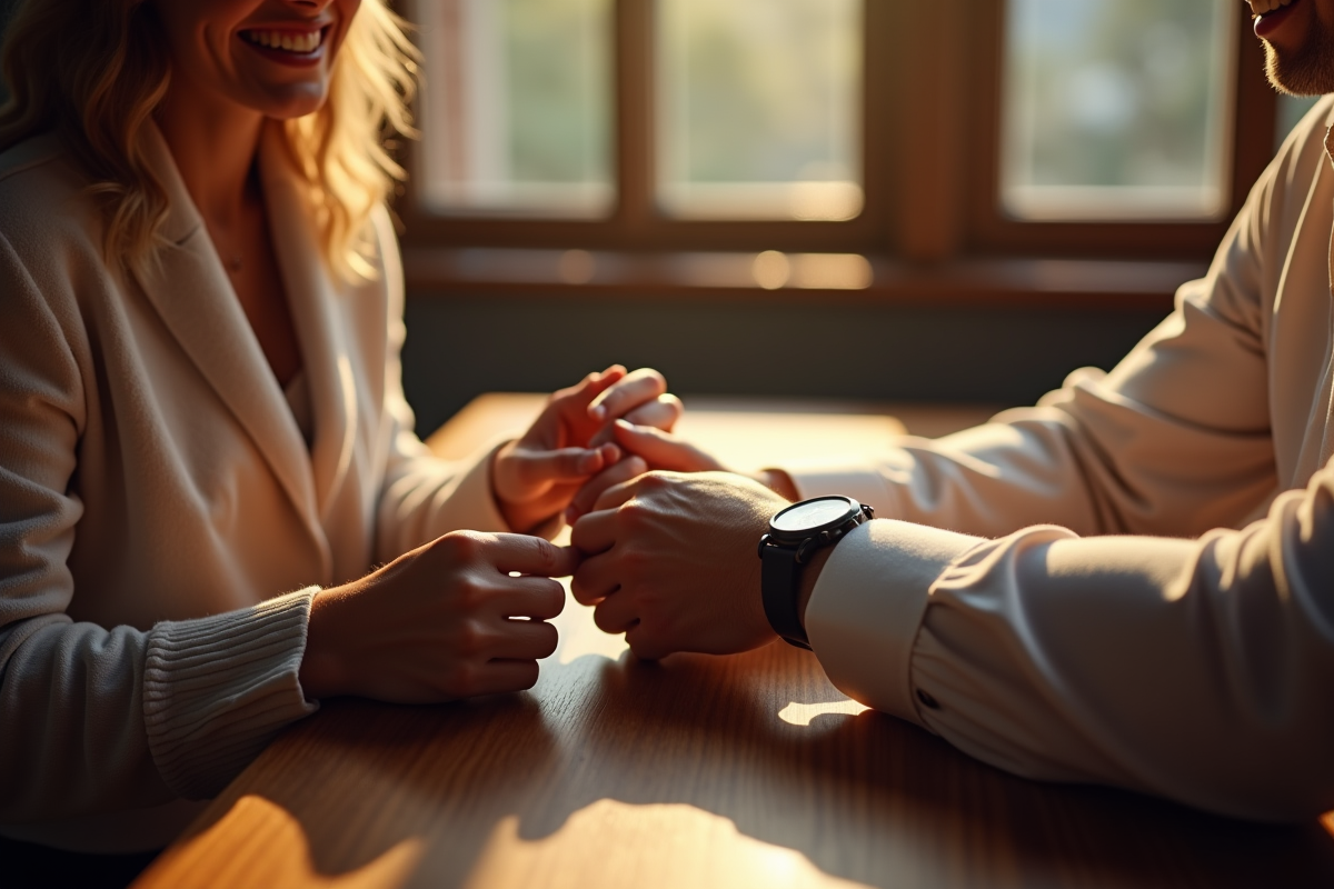 Deux personnes offrant une montre dans une ambiance chaleureuse