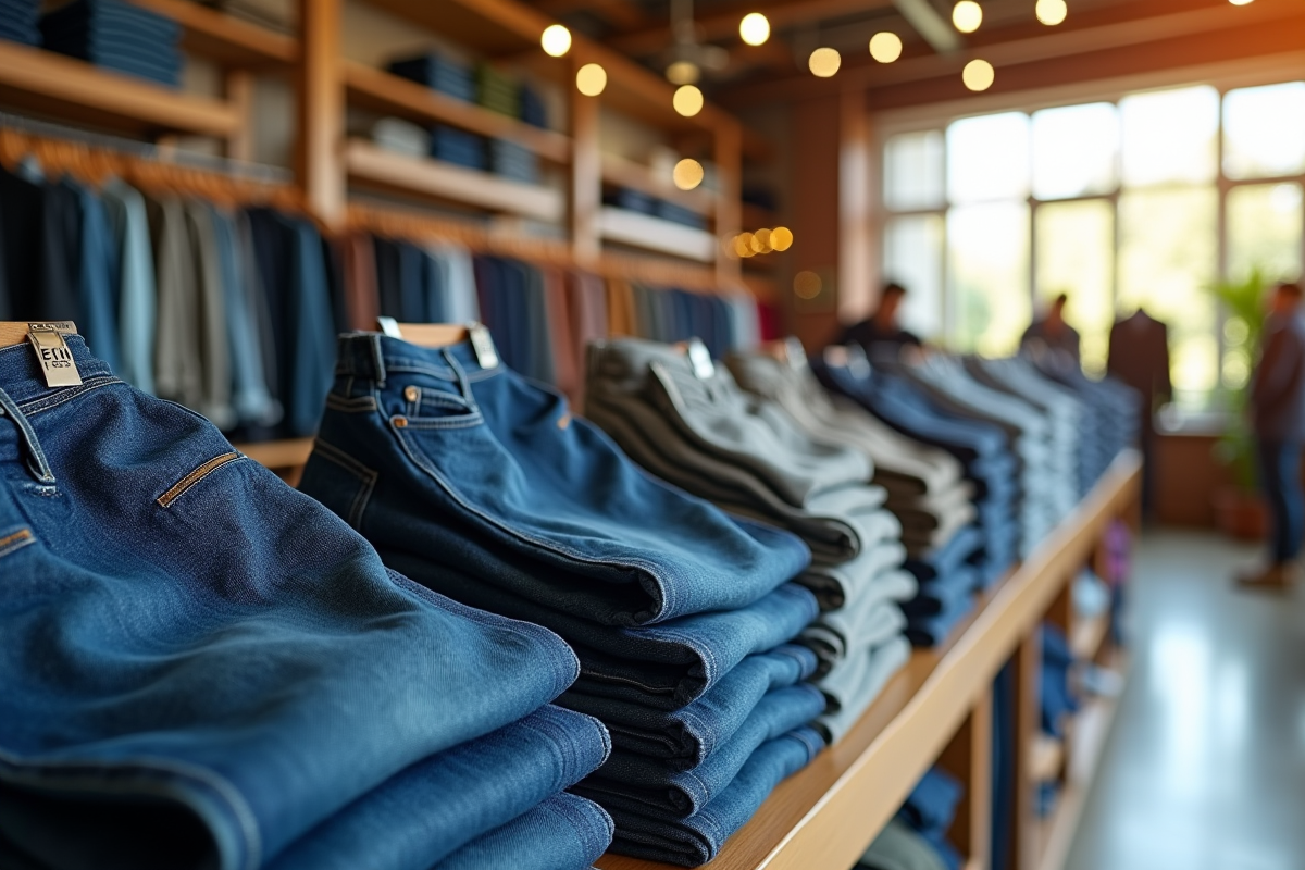 Piles de jeans et pantalons kaki dans un magasin lumineux