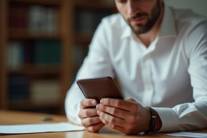 Homme en chemise blanche examinant un porte-cartes en cuir pleine fleur chocolat sur un bureau en chêne, gros plan sur le cuir haut de gamme