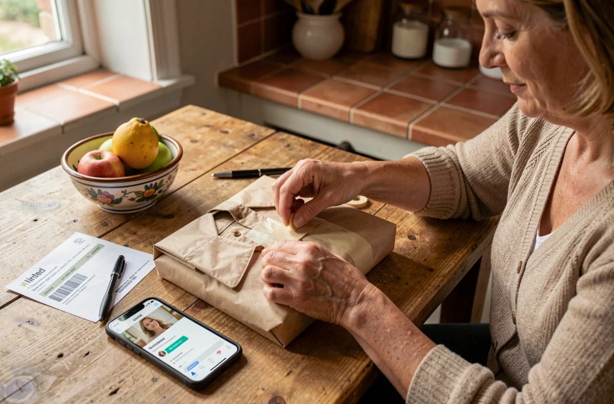 Femme préparant un colis Vinted à domicile avec étiquette d'expédition et smartphone