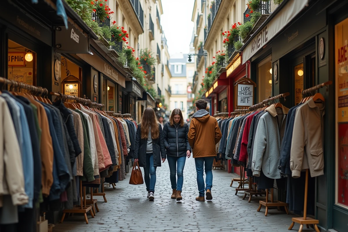 Ruelle parisienne du Marais avec des friperies et des racks de vêtements vintage sur le trottoir