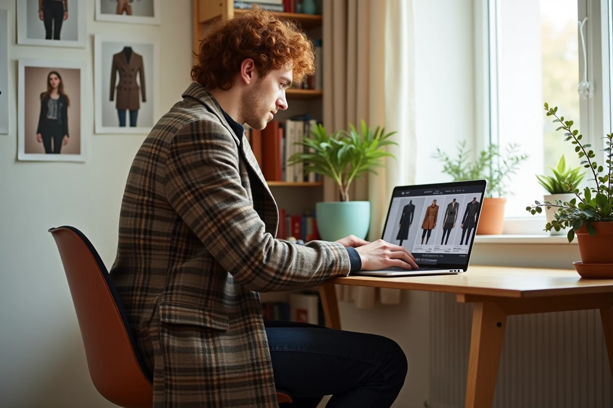 Homme recherchant des alternatives aux collections Vivienne Westwood sur une plateforme de revente de mode en ligne depuis son domicile