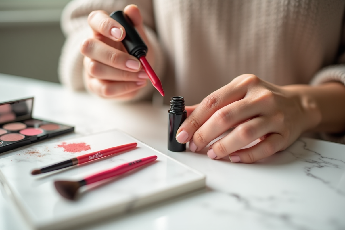 Refil de rouge à lèvres avec spatule sur marbre blanc