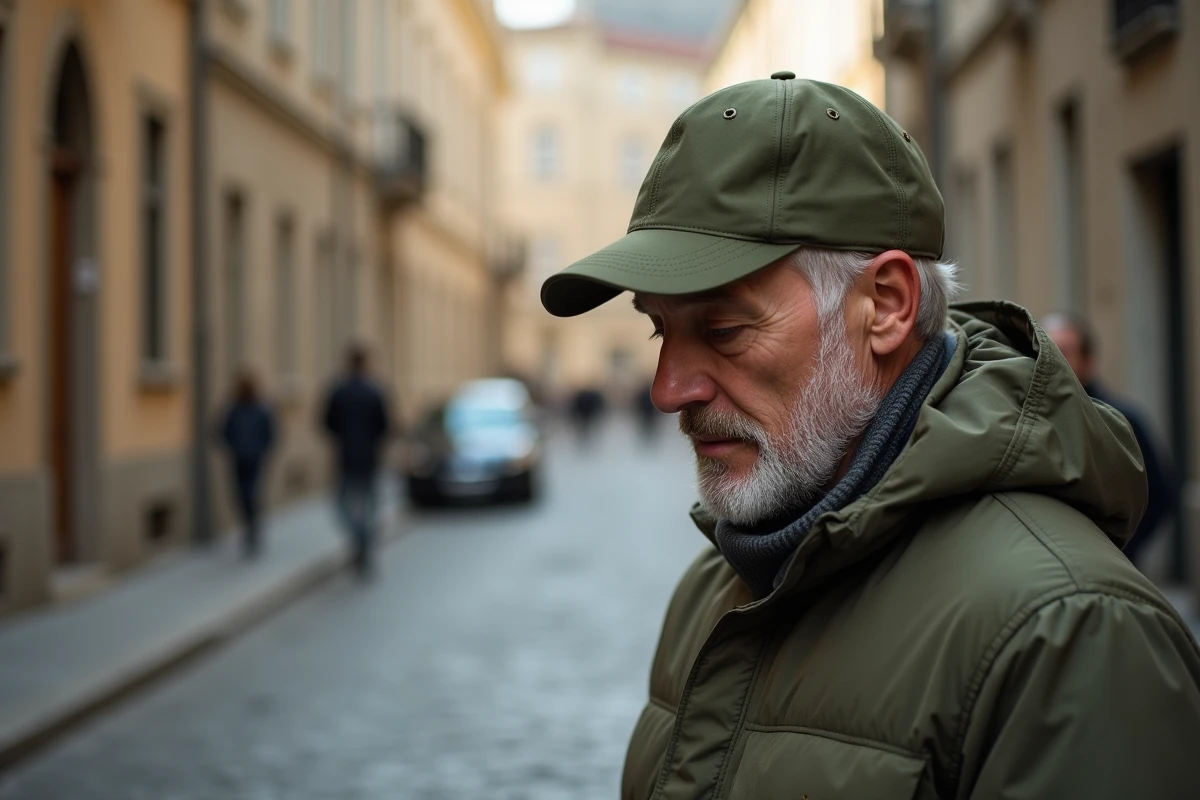 Homme réglant la sangle arrière d'une casquette snapback verte dans une rue pavée urbaine
