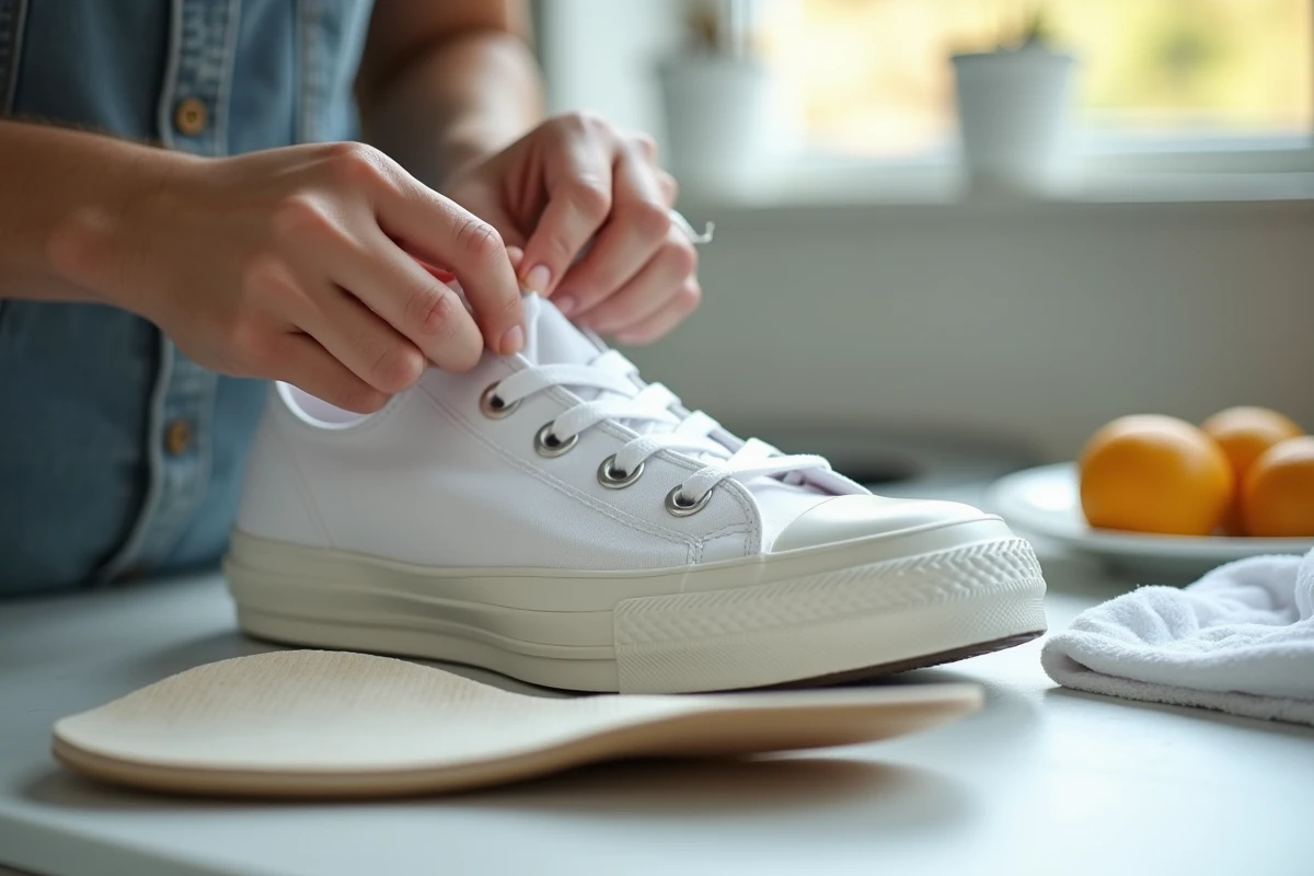 Mains de femme relaçant une Converse blanche après le lavage en machine, semelle posée à côté sur un torchon