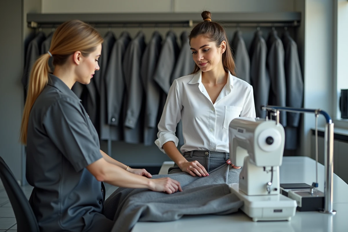 Femme assise au comptoir d’un pressing en train de faire ajuster son pantalon