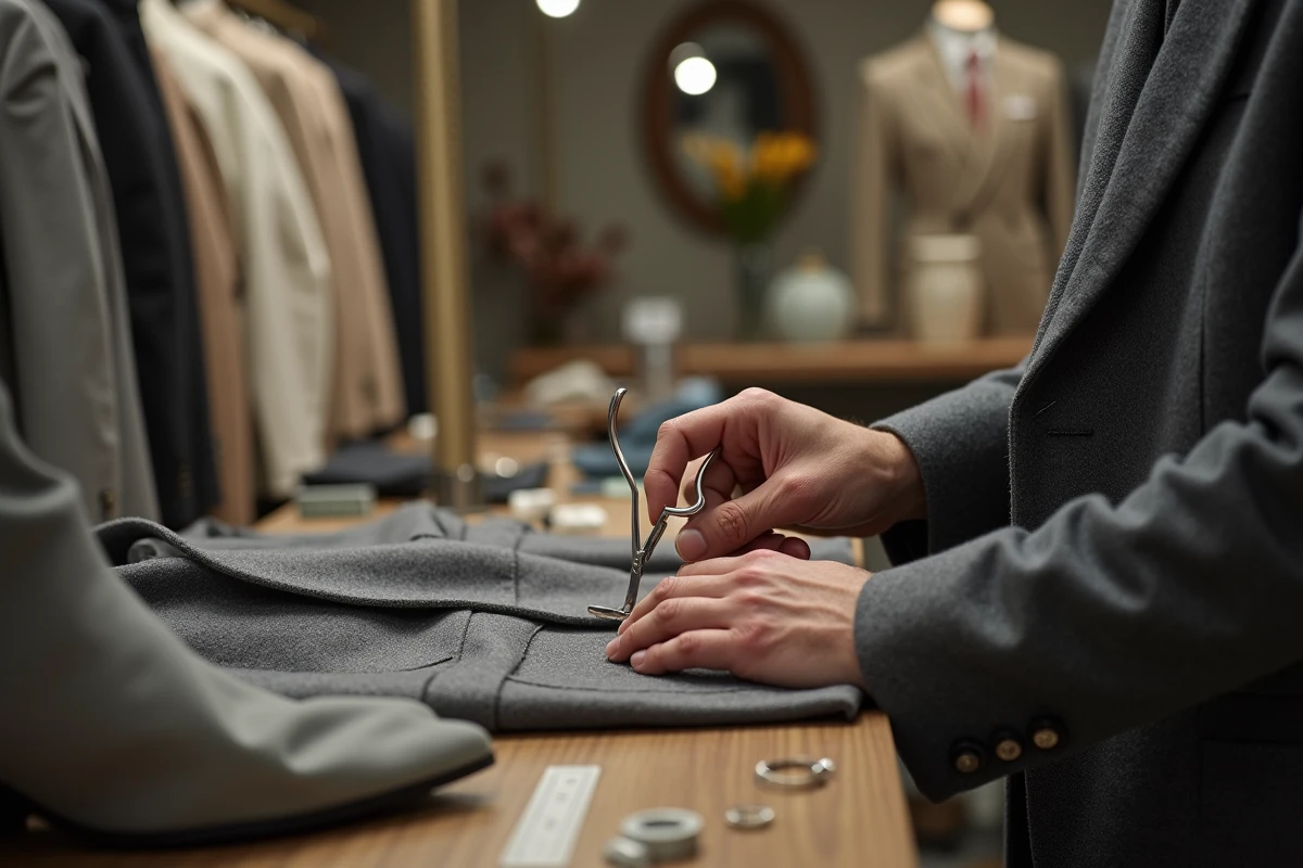 Mains expertes d'un tailleur retouchant un blazer en cachemire fragile avec des ciseaux de broderie fins