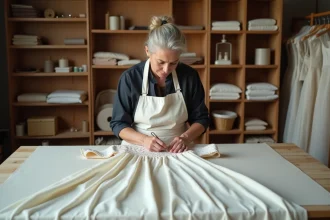 Retoucheuse experte cousant à la main une robe en soie délicate dans un atelier de retouche à Sainte-Geneviève-des-Bois