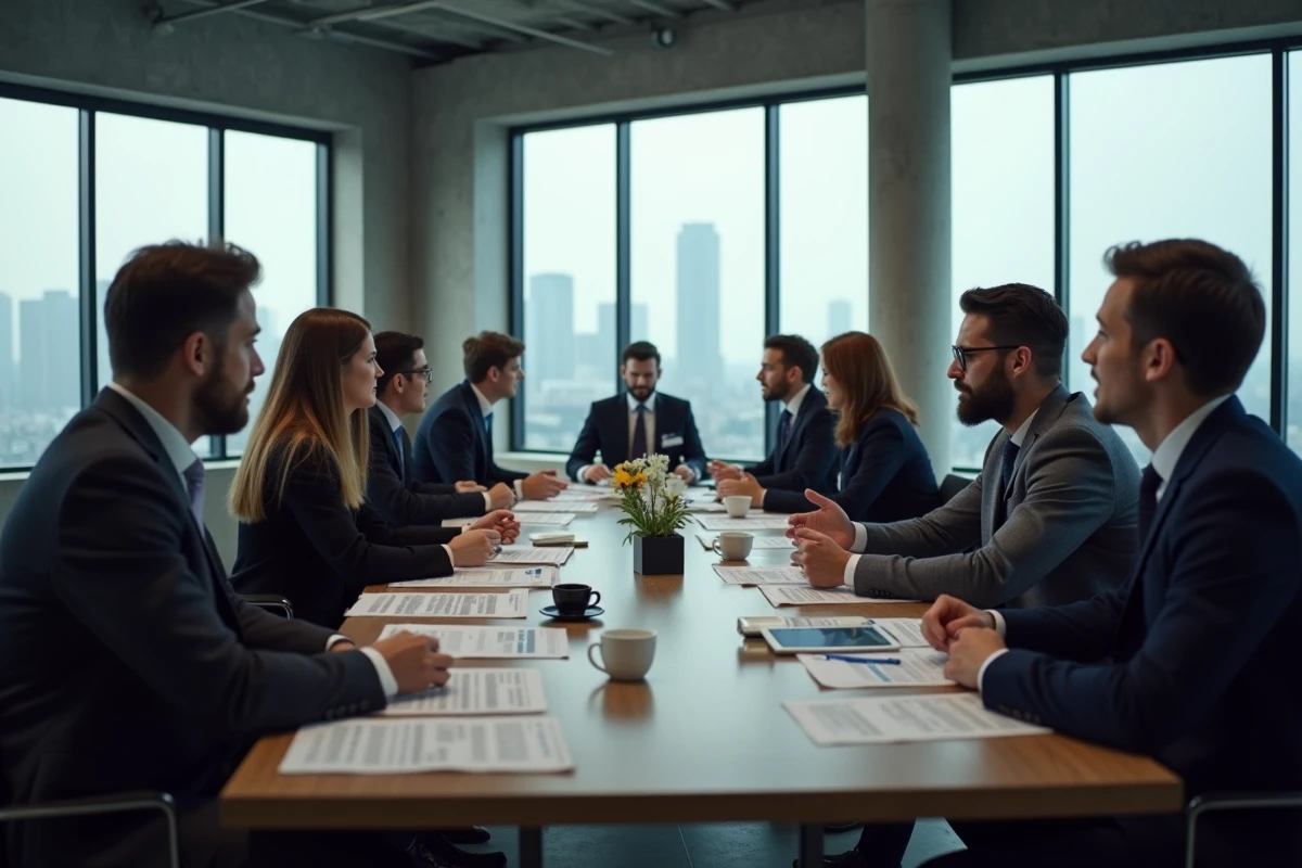 Salle de rédaction moderne avec journalistes en réunion éditoriale autour d'une table, ambiance de presse indépendante et engagement intellectuel collectif