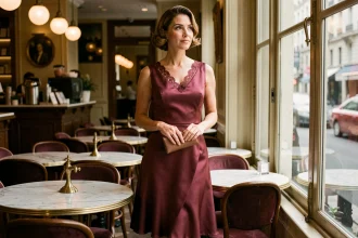 Femme portant une robe années 30 en satin bordeaux avec dentelle dans un café parisien vintage