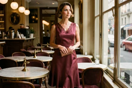 Femme portant une robe années 30 en satin bordeaux avec dentelle dans un café parisien vintage