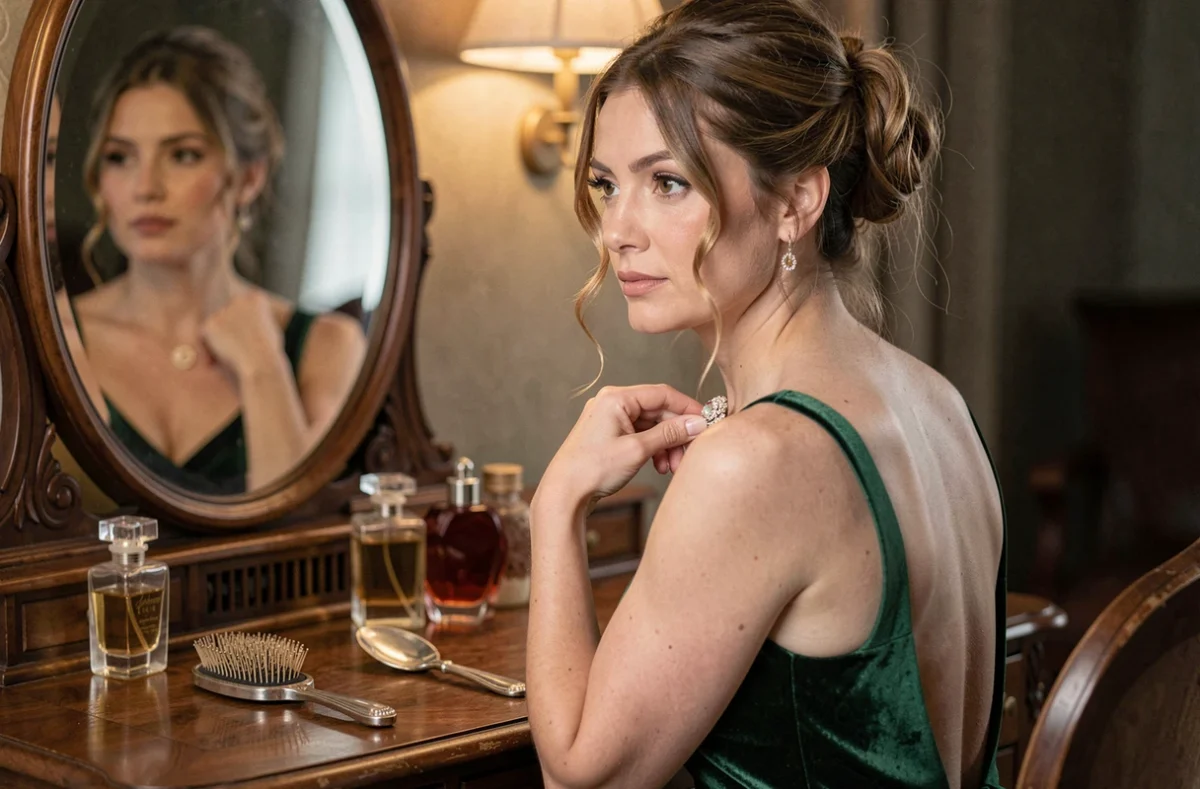 Femme en robe velours vert années 30 assise à une coiffeuse vintage avec miroir et accessoires anciens