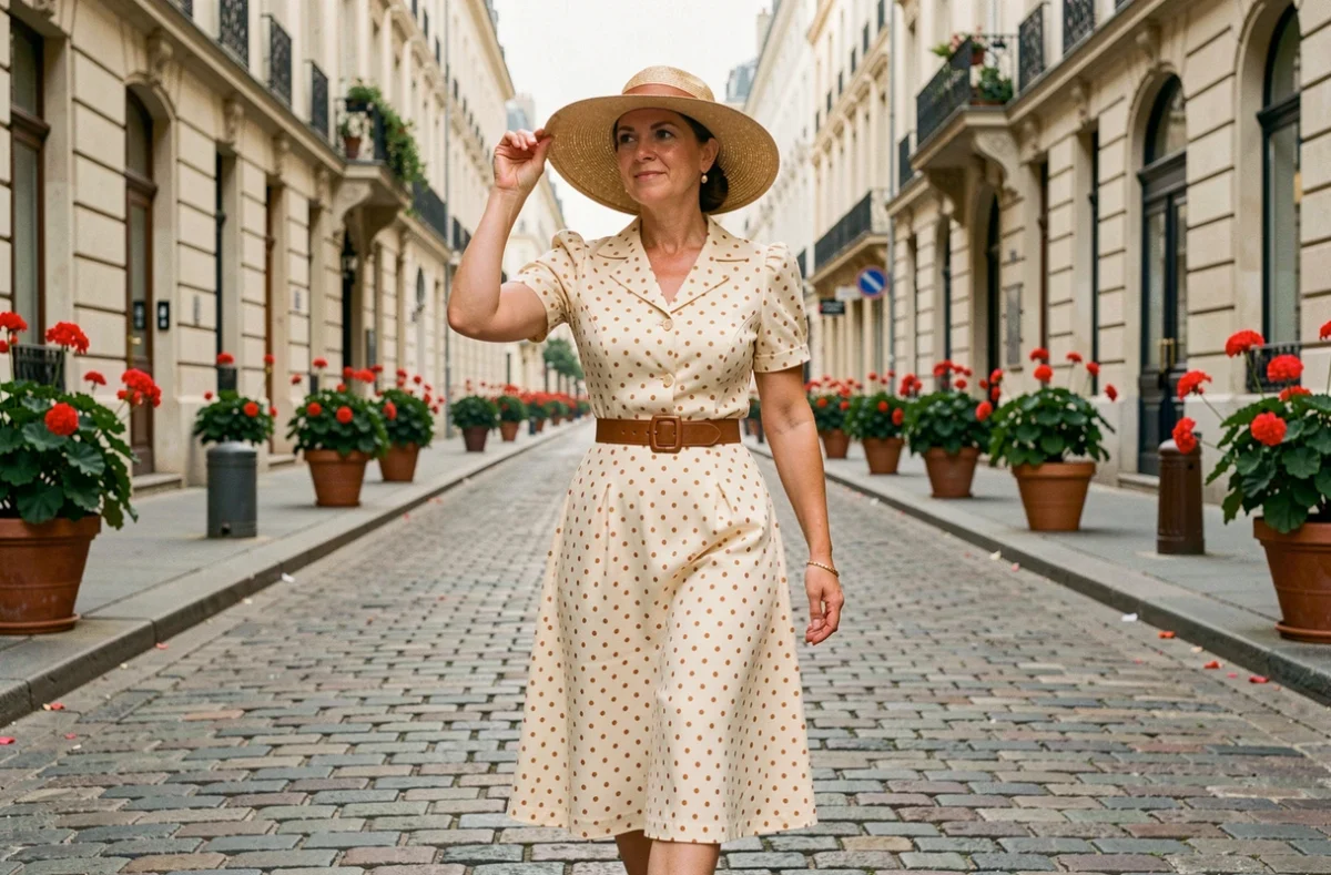 Femme en robe style années 30 à pois crème marchant dans une rue pavée parisienne