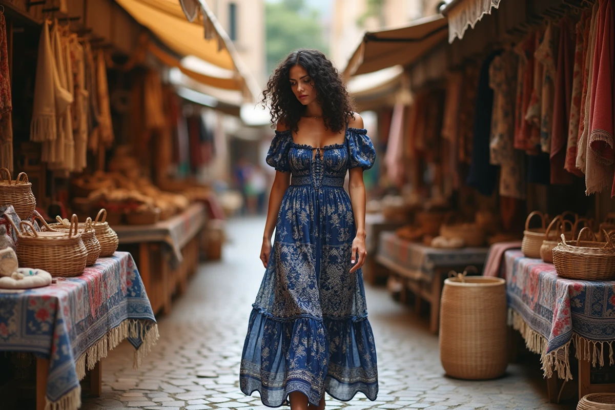 Femme en robe évasée bohème indigo à motif paisley explorant un marché artisanal en plein air