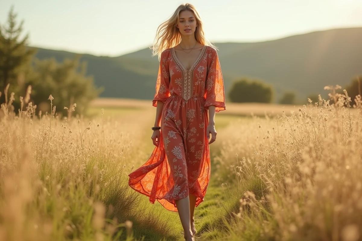 Femme en robe évasée bohème terracotta fleurie marchant pieds nus dans une prairie sauvage ensoleillée