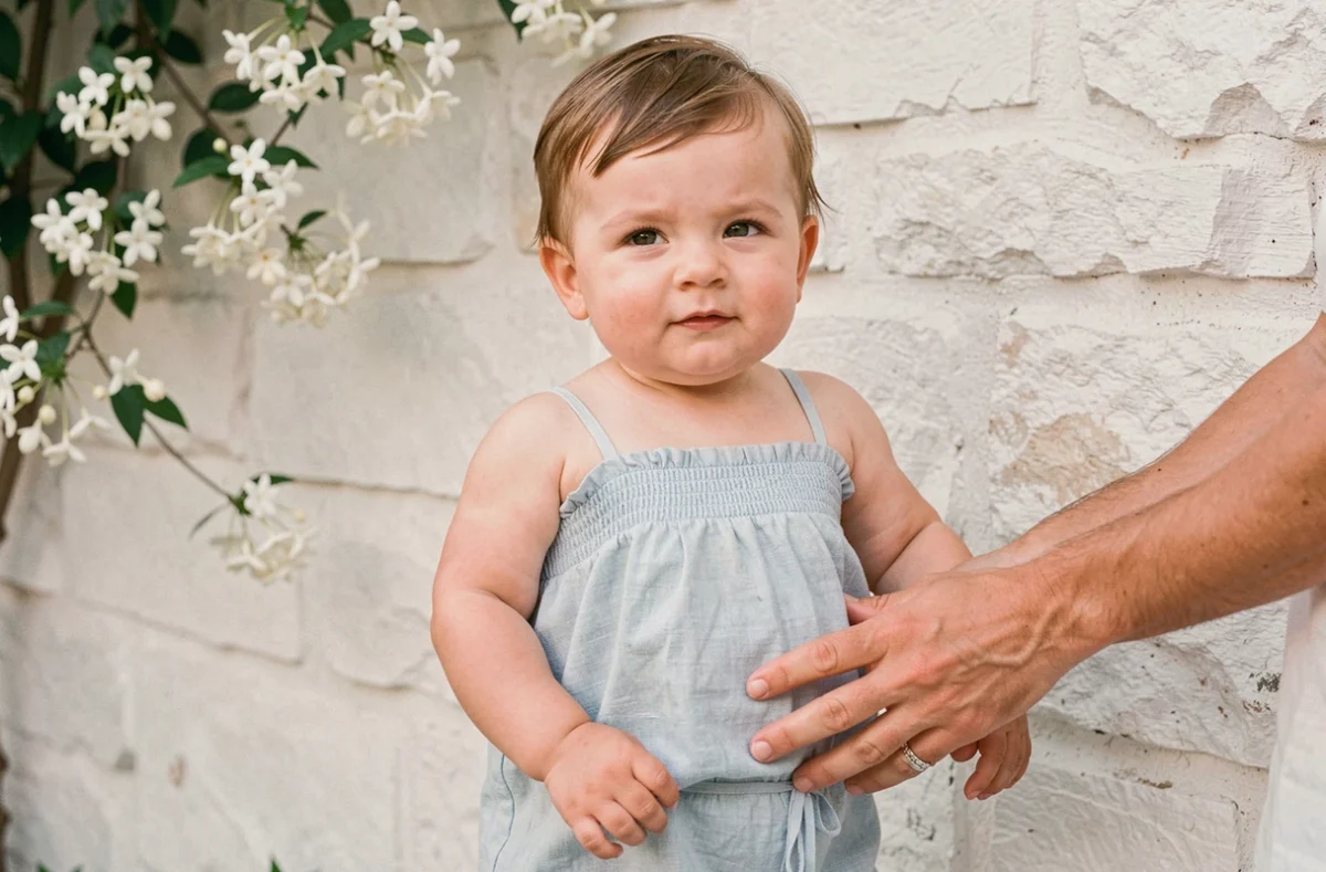 Bébé garçon en barboteuse lin bleu ciel à smocks tenu par un adulte devant un mur en pierre blanche fleuri de jasmin