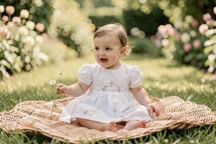 Bébé fille en robe légère blanche brodée de marguerites assise sur une couverture en osier dans un jardin verdoyant