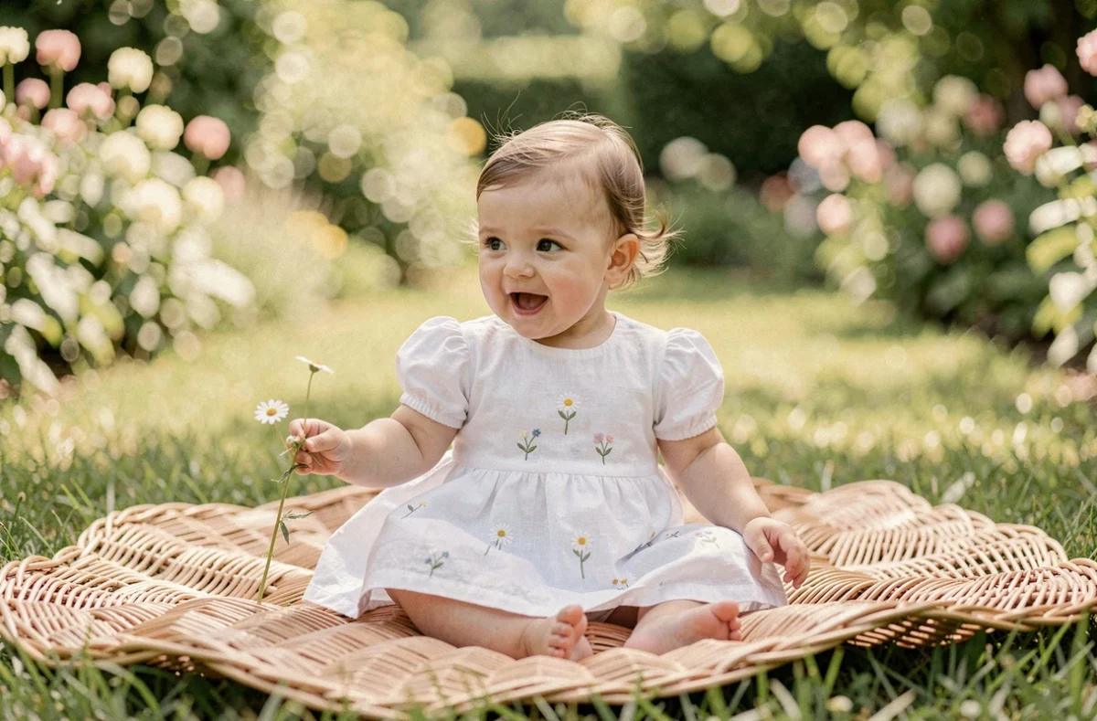 Bébé fille en robe légère blanche brodée de marguerites assise sur une couverture en osier dans un jardin verdoyant